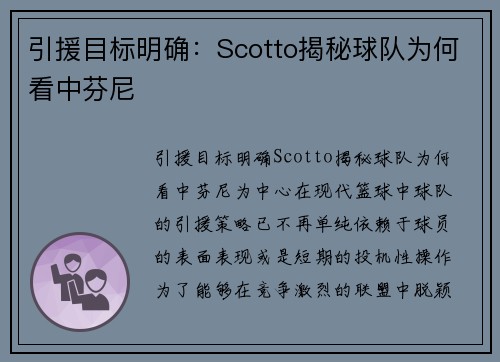 引援目标明确：Scotto揭秘球队为何看中芬尼