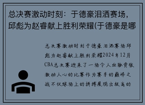 总决赛激动时刻：于德豪泪洒赛场，邱彪为赵睿献上胜利荣耀(于德豪是哪个队的)