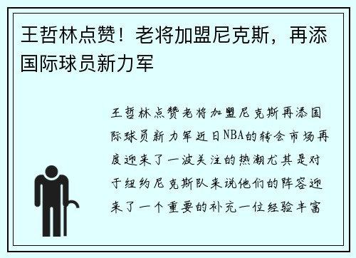 王哲林点赞！老将加盟尼克斯，再添国际球员新力军