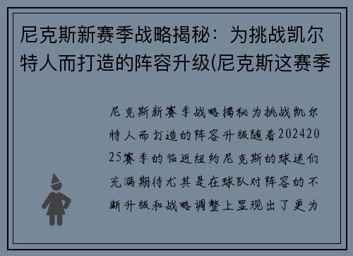 尼克斯新赛季战略揭秘：为挑战凯尔特人而打造的阵容升级(尼克斯这赛季)