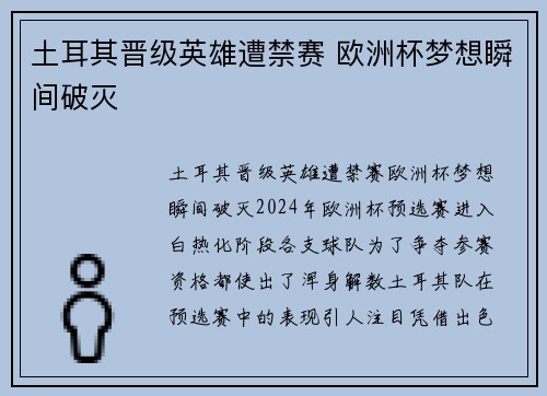 土耳其晋级英雄遭禁赛 欧洲杯梦想瞬间破灭